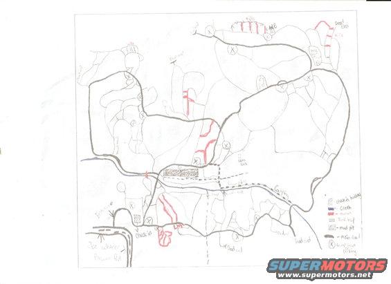 Hand-drawn map of ORV park with trails, creek, and mud pit marked