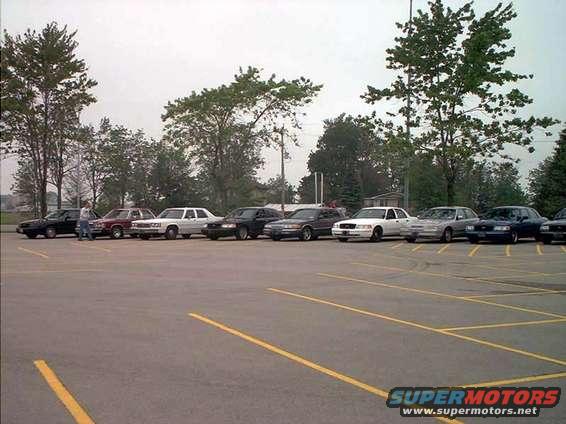 Several sedans parked in a lot, including a white Ford Crown Victoria and a dark sedan