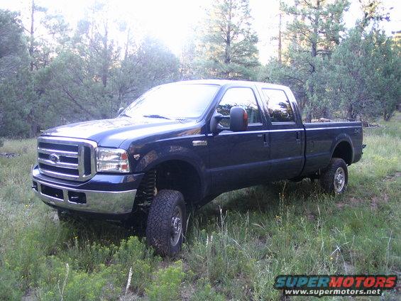 Dark blue crew cab pickup truck parked in grassy area with trees. Grille indicates a 2005 model year