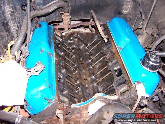 Engine with bright blue valve covers and exposed pushrods