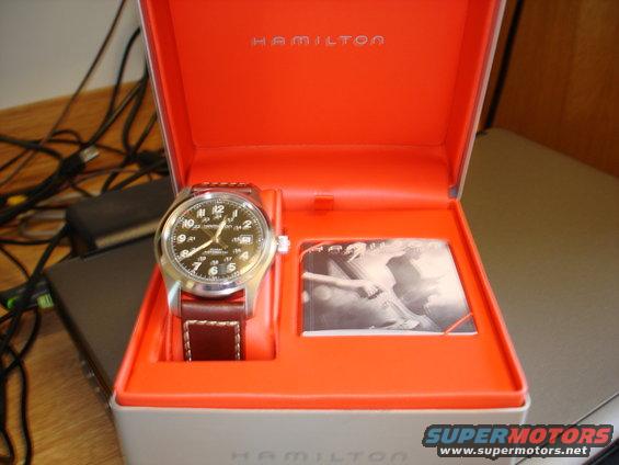 Hamilton watch with brown leather strap in orange box