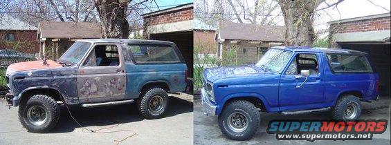 1986 Ford Bronco before and after restoration, showing primer and bodywork on the left, and a finished blue paint job on the right