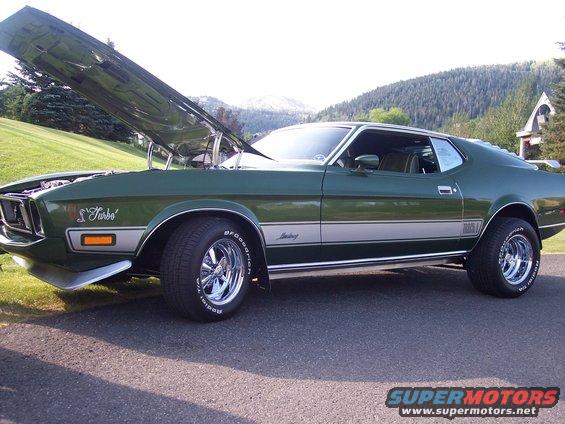 Green 1973 Ford Mustang Mach 1 with hood open, parked on asphalt with grassy hill and mountains in background