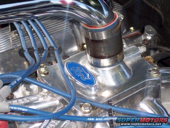 Close-up of a Ford engine with blue spark plug wires and a chrome intake manifold. A blue Ford oval badge is visible on the valve cover