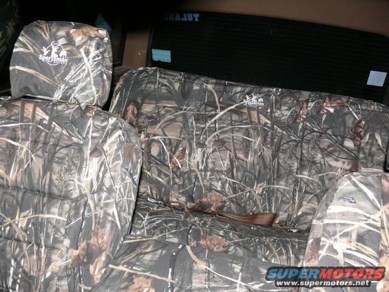 Camouflage seat covers with 'Sportsman' logo on headrest and seat