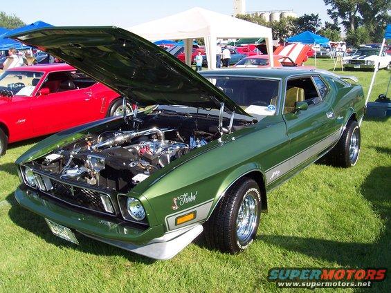 Green 1973 Ford Mustang Mach 1, hood open, showing engine. Side view