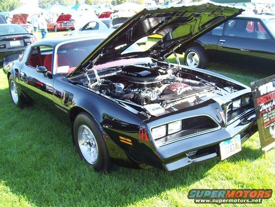 Black 1979 Pontiac Firebird Trans Am with hood open, showing engine. Another car is parked behind it