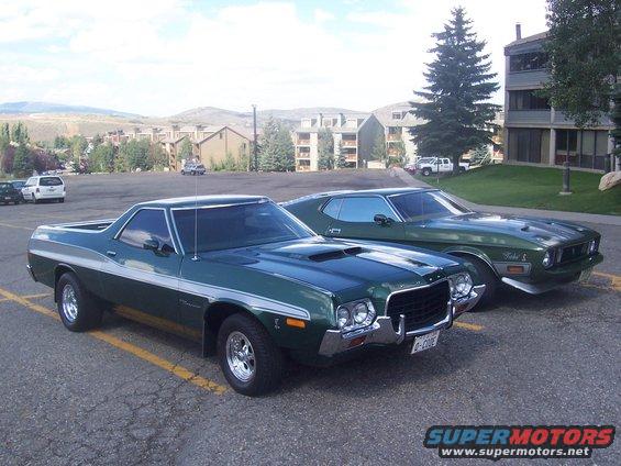 Green 1972 Ford Ranchero parked next to a green Ford Mustang
