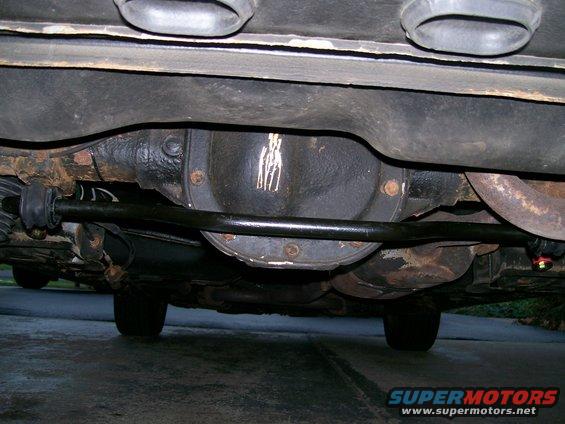 Underside view of a car's rear differential and sway bar