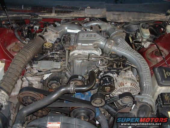 Engine bay with prominent silver intake manifold and hoses