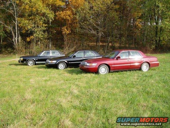 Three Mercury Grand Marquis sedans parked in a grassy field with trees in the background