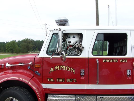 Red fire truck side view with dalmatian mascot waving from driver's window. "AMMON VOL. FIRE DEPT." and "ENGINE 623" visible