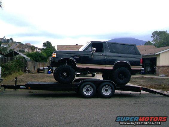 Black Ford Bronco with tan stripe, lifted on a dual-axle trailer