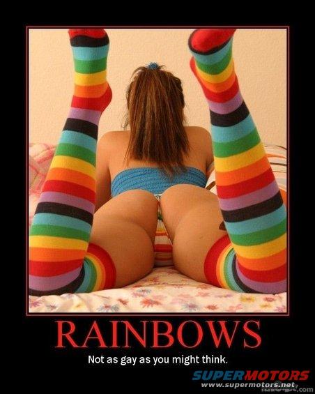 Woman wearing rainbow striped knee-high socks, viewed from behind