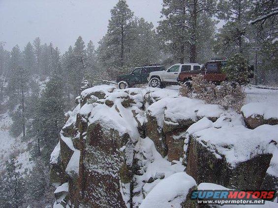 Several SUVs parked on a snowy cliff edge with pine trees in the background