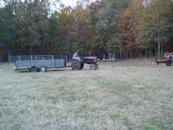 Red tractor towing a wooden trailer across a grassy field with trees in the background