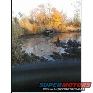 ATV partially submerged in murky water with reeds and trees