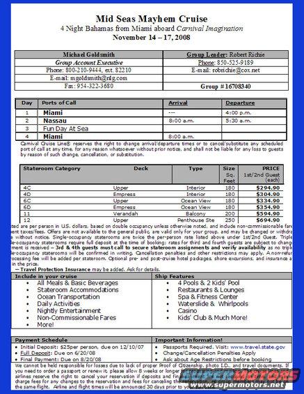 Cruise document with itinerary and pricing