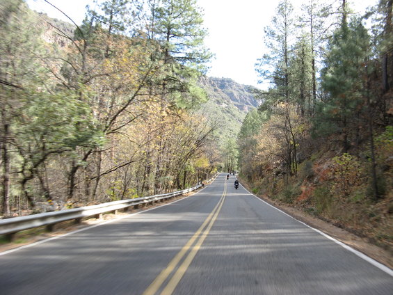 Motorcycles riding on a two-lane road through a forested mountain area