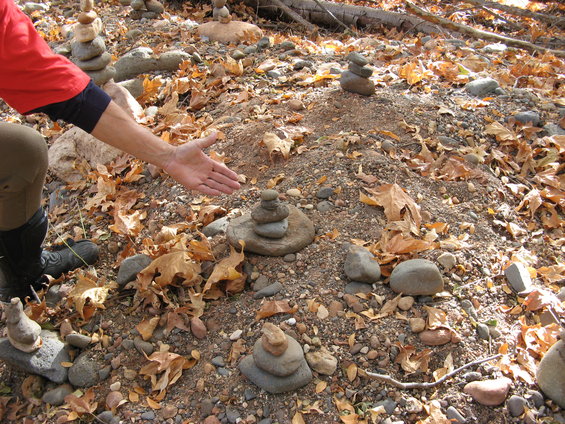 Stacked rocks on a bed of fallen leaves with a person's arm gesturing