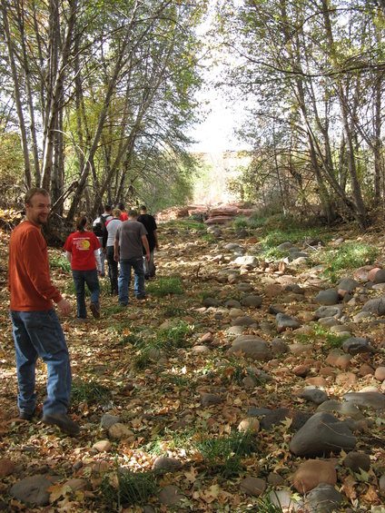 People walking on a rocky path in a wooded area