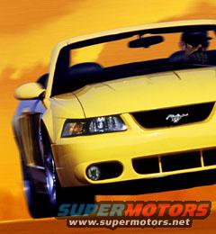 Yellow 1999 Ford Mustang convertible, front quarter view. Supermotors.net logo at bottom