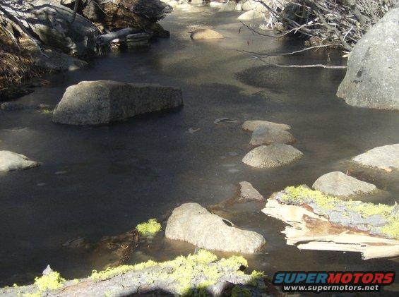 Frozen stream with rocks and mossy logs, Supermotors.net watermark in lower right