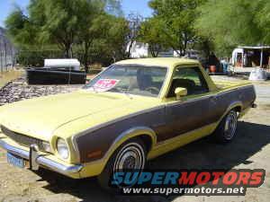 Yellow and brown Ford Ranchero pickup truck, side view