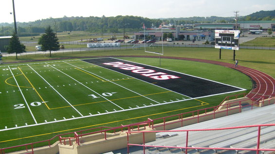 Football stadium with 'DUBOIS' on the field and a scoreboard