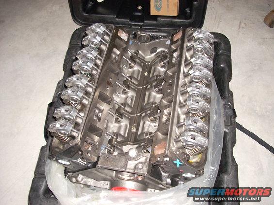 Ford V8 engine block with valve covers removed, showing rocker arms and springs. It's in a black plastic case