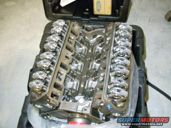 Ford V8 engine with valve covers removed, sitting in a black case
