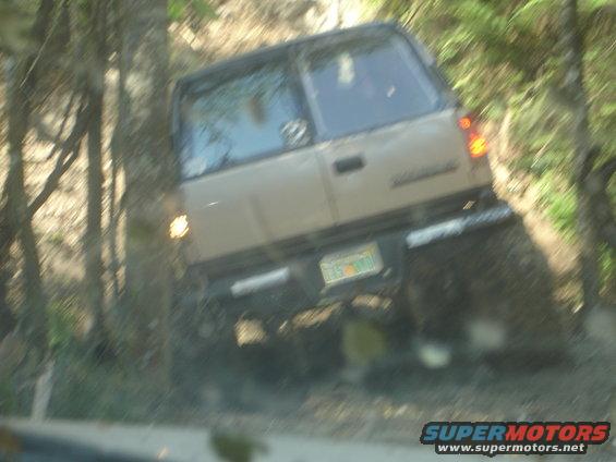 SUV driving on a dirt path between trees. Rear view shows a license plate
