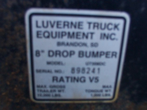 Rating plate for Luverne Truck Equipment Inc. 8" Drop Bumper, serial number 898241