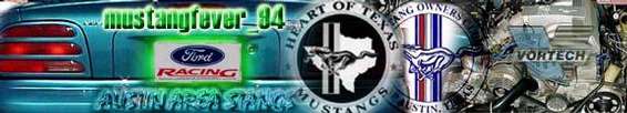Rear of a teal 1994 Ford Mustang with 'mustangfever_94' and 'Ford Racing' decals, plus Austin area Mustang club logos and Vortech engine parts