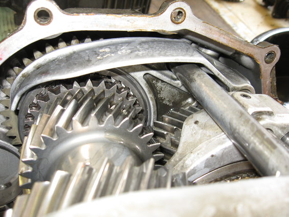 Close-up of internal transmission gears and linkage
