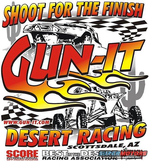 Desert racing graphic with two off-road vehicles and text