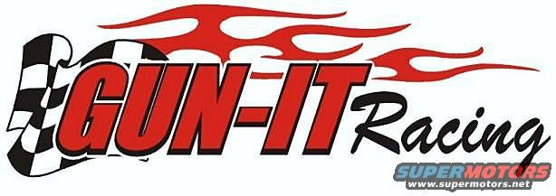 Logo with red flames, checkered flag, and text 'GUN-IT Racing'. Also has 'SUPERMOTORS' logo and website