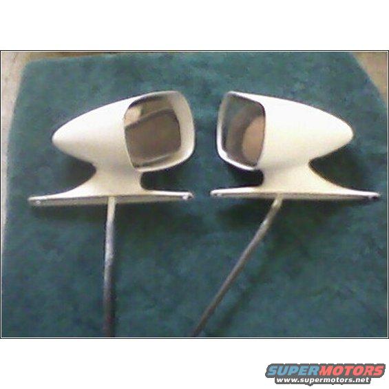 Pair of white, bullet-shaped side mirrors with chrome stems, shown from the front