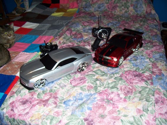 Silver and red remote control cars on a floral bedspread