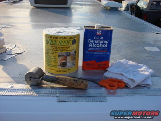 roof-patch-rear_2.jpg I did alot of checking and i found out the flat steel roof flexes the most. I found this sealer just for this type of flexing @ Home Depot for $12 a roll and it was 2Xs as wide as any i found at the RV centers. To get a good bond i used denatured Alcohol and a few rags and a floor roller.