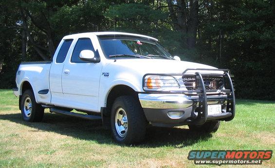 White 2003 Ford F-150 pickup truck with a black bull bar parked on grass