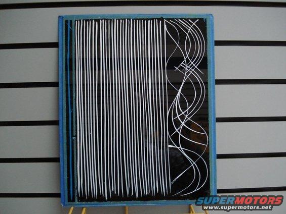 Abstract artwork with vertical white lines on the left and curved white lines on the right, set against a black background and framed in blue