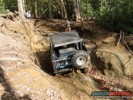 Blue SUV with soft top and spare tire on rear, navigating a muddy, rutted trail