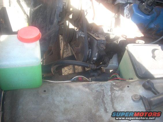 Engine bay with green coolant reservoir and belts