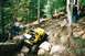 1976 Ford Bronco - A group of people watch a yellow off-road vehicle tackle a challenging rocky trail in a wooded area.