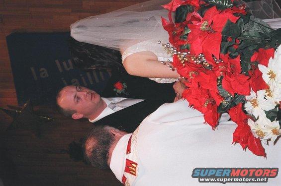 Wedding scene with bride, groom, and officiant, red and white poinsettias