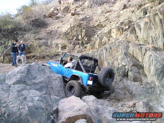 Blue Jeep Wrangler with a spare tire on the back, navigating a steep, rocky incline with two people and a dog watching