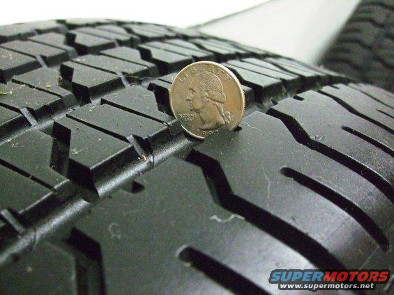 Tire tread with a quarter placed on it. The quarter shows George Washington and the year 1997