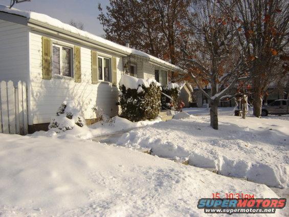 Snow covers the ground and bushes in front of a white house with green shutters. A tree stands in the yard