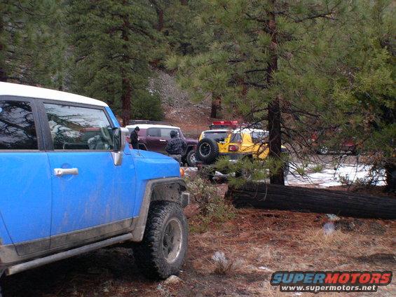 Blue FJ Cruiser in foreground, with purple and yellow FJ Cruisers behind it in a wooded area